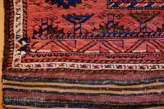 Baluch Rug, Torbat-e Haidari? 3rd to 4th quarter of the 19th Century.  Wonderfully archaic border. It appears that the rug was started by a younger, less experienced weaver and then continued  ...