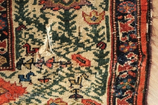 Malayer Rug, 3rd quarter of 19th century.  Abrash and lines bisecting the field.  The red in the elegantly articulated border flowers is not chemical and is madder dyed using a  ...