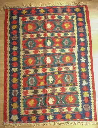 Kazak Kilim, 3rd Quarter of the 19th century.  Exceptional rich and saturated colors and paper-like weave.  It has a number of small repairs and some white warp flecks show in  ...