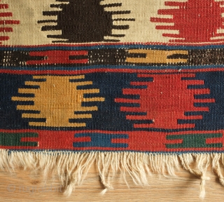 Kazak Kilim, 3rd Quarter of the 19th century.  Exceptional rich and saturated colors and paper-like weave.  It has a number of small repairs and some white warp flecks show in  ...