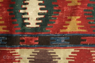 Kazak Kilim, 3rd Quarter of the 19th century.  Exceptional rich and saturated colors and paper-like weave.  It has a number of small repairs and some white warp flecks show in  ...