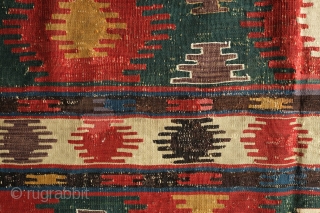 Kazak Kilim, 3rd Quarter of the 19th century.  Exceptional rich and saturated colors and paper-like weave.  It has a number of small repairs and some white warp flecks show in  ...