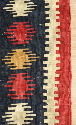 Kazak Kilim, 3rd Quarter of the 19th century.  Exceptional rich and saturated colors and paper-like weave.  It has a number of small repairs and some white warp flecks show in  ...