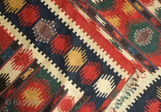 Kazak Kilim, 3rd Quarter of the 19th century.  Exceptional rich and saturated colors and paper-like weave.  It has a number of small repairs and some white warp flecks show in  ...