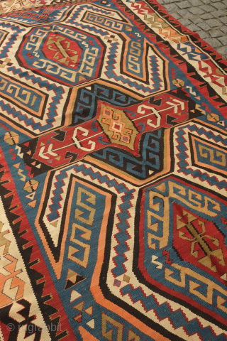 Avar kilim in Lenkoran design, 19th century.  An unusual gem of a kilim.  Colors include deep purple and apricot as well as one triangle of what is referred to as  ...