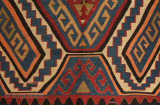Avar kilim in Lenkoran design, 19th century.  An unusual gem of a kilim.  Colors include deep purple and apricot as well as one triangle of what is referred to as  ...