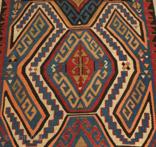 Avar kilim in Lenkoran design, 19th century.  An unusual gem of a kilim.  Colors include deep purple and apricot as well as one triangle of what is referred to as  ...
