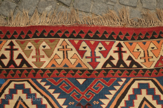 Avar kilim in Lenkoran design, 19th century.  An unusual gem of a kilim.  Colors include deep purple and apricot as well as one triangle of what is referred to as  ...