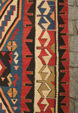 Avar kilim in Lenkoran design, 19th century.  An unusual gem of a kilim.  Colors include deep purple and apricot as well as one triangle of what is referred to as  ...