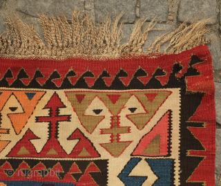 Avar kilim in Lenkoran design, 19th century.  An unusual gem of a kilim.  Colors include deep purple and apricot as well as one triangle of what is referred to as  ...