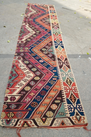 Reyhanli-Malatya long kilim, one side only. Fourth quarter of 19th century. Vivid colors, great condition and full of bold minor graphics.  Small hole in the last image.   400 X  ...