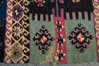 Reyhanli Saf long kilim, one side. Fourth quarter of 19th century.  Beautiful pistachio green, a lovely apricot and some cochinieal.  A few repairs and a couple of holes.  345  ...