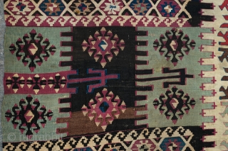 Reyhanli Saf long kilim, one side. Fourth quarter of 19th century.  Beautiful pistachio green, a lovely apricot and some cochinieal.  A few repairs and a couple of holes.  345  ...