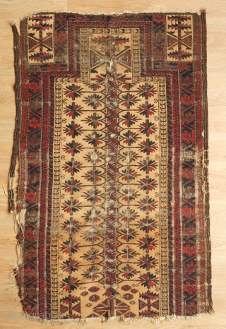 Baluch prayer rug, Khorasan, 3rd quarter of 19th century. Distressed and missing the bottom border but still got it.  93 x 150 cm         