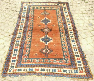 Karabagh rug, around 1850s, In Kazak-like design scheme. It has a meaty pile and a sparsely populated ground. A few spots here and there that need some repair along with the selvedges.  ...