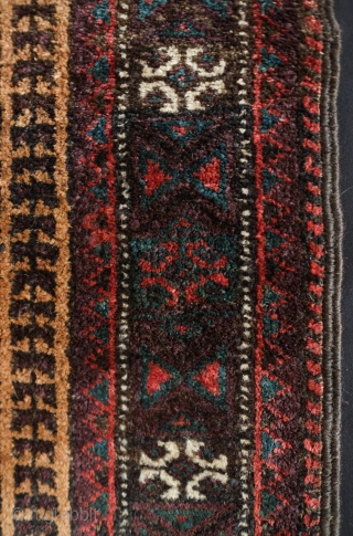 Baluch Balisht.  Sistan or Adraskand. Late 19th/early 20th century.  Tree of life motif with alternating colors in the hooks giving the piece a dynamic motion. Deep purple throughout and camel  ...