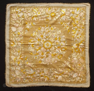 An extraordinary Hungarian silk embroidered cover, 19th century. Fine lacework finish on the edges.  The field is embroidered in fine metallic thread.  Probably a prestige piece for a wealthy family.  ...