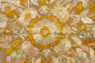 An extraordinary Hungarian silk embroidered cover, 19th century. Fine lacework finish on the edges.  The field is embroidered in fine metallic thread.  Probably a prestige piece for a wealthy family.  ...