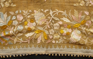 An extraordinary Hungarian silk embroidered cover, 19th century. Fine lacework finish on the edges.  The field is embroidered in fine metallic thread.  Probably a prestige piece for a wealthy family.  ...