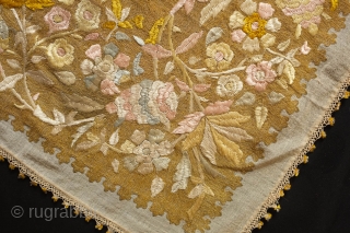 An extraordinary Hungarian silk embroidered cover, 19th century. Fine lacework finish on the edges.  The field is embroidered in fine metallic thread.  Probably a prestige piece for a wealthy family.  ...