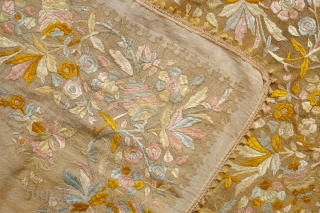 An extraordinary Hungarian silk embroidered cover, 19th century. Fine lacework finish on the edges.  The field is embroidered in fine metallic thread.  Probably a prestige piece for a wealthy family.  ...