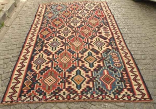 Kuba kilim, 19th century.  Wonderful graphic in diagonal orientation.  Good color balance.  Excellent condition.  176 x 330 cm           