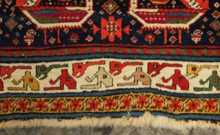 Akstafa long rug, 19th century.  Excellent colors generously applied.  The wool is extremely soft and velvet-like.  Two inward facing speckled camelids in the center.  I count around 9  ...