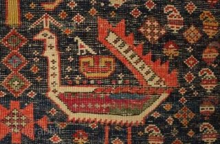 Akstafa long rug, 19th century.  Excellent colors generously applied.  The wool is extremely soft and velvet-like.  Two inward facing speckled camelids in the center.  I count around 9  ...