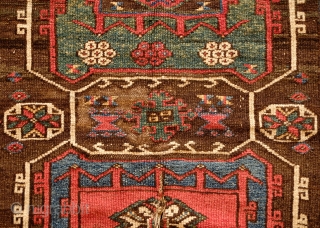 Bergama, possibly Karakecili, likely 18th century probably towards the last third.  Fantastic colors with a deep yellow green and a dark dark purple.  The rug is original with nothing cut,  ...