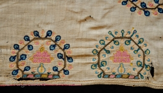 Greek or Western Anatolian Peshkir 19th Century.  Fine linen ground fabric.  Possible pomegranate design in yellow, pink and blue dyed silk and metallic thread.  Its squarish shape makes it  ...