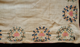 Greek or Western Anatolian Peshkir 19th Century.  Fine linen ground fabric.  Possible pomegranate design in yellow, pink and blue dyed silk and metallic thread.  Its squarish shape makes it  ...