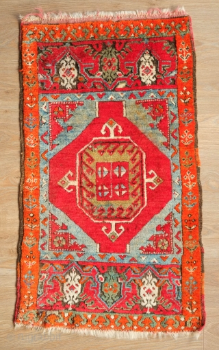 Sivas Yastik.  Very soft wool.    A small darned area  and some flecks of stain in part of the blue.  54 x 94 cm    