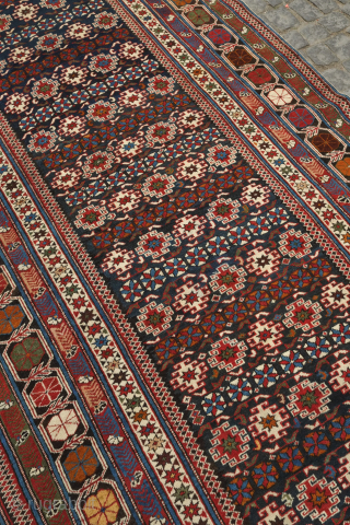 Chichi Caucasian rug, late 19th century.  This rug is in fantastic condition with only slight corrosion in the brown wool in the top end border. Velvety wool and good colors. 144  ...