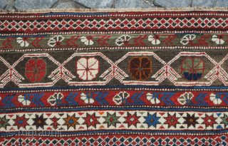 Chichi Caucasian rug, late 19th century.  This rug is in fantastic condition with only slight corrosion in the brown wool in the top end border. Velvety wool and good colors. 144  ...