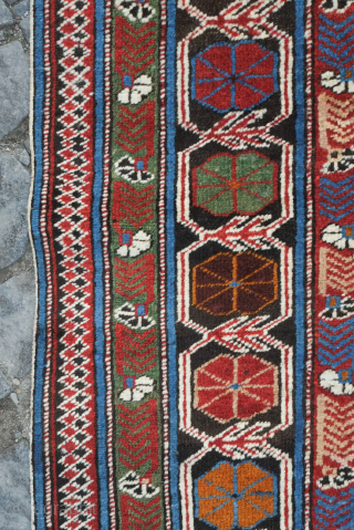 Chichi Caucasian rug, late 19th century.  This rug is in fantastic condition with only slight corrosion in the brown wool in the top end border. Velvety wool and good colors. 144  ...