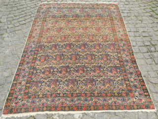 Kerman rug, 19th century.  This rug has the usual sumptuously soft wool of Kerman rugs of this type in an overall boteh design scheme. Wonderful colors and details. 153 x 234  ...