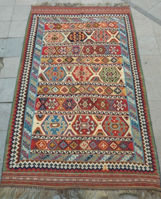 Qashqa'i kilim, 19th century.  Wonderful colors and in overall fantastic condition with the excpetion of a tiny moth nibble or two. 182 x 308 cm       