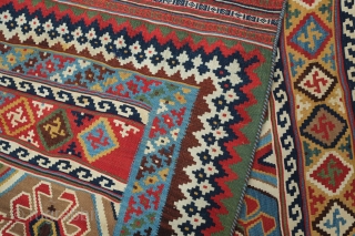 Qashqa'i kilim, 19th century.  Wonderful colors and in overall fantastic condition with the excpetion of a tiny moth nibble or two. 182 x 308 cm       