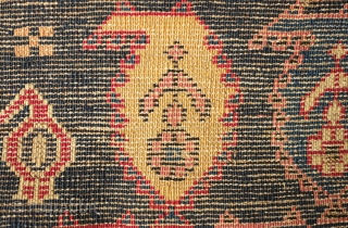 Shirvan Prayer Rug, 4th quarter of 19th Century.  Deep indigo blue ground and wonderful botehs in alternating directions.  The serrations around the botehs have the appearance of small "horns" on  ...