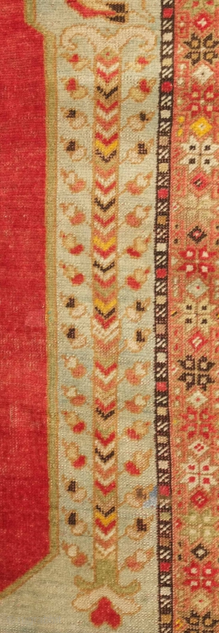 Kirshehir prayer rug, late 19th/early 20th century.  Evocative Ottoman design.  Beautifully composed motifs in the spandrels.  Note the pole-trees flanking both sides of the field.  A couple small  ...