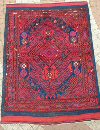 Bergama rug, late 19th century.  This rug has saturated natural colors including the bright cochineal pink, wide kilim ends and a wide flatwoven kilim selvedge along the sides. In perfect condition.  ...