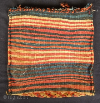 Qashqa'i Chanteh, 19th century.  Deep green-blue ground.  Vivid striped back.  Well executed soumak work on the top.  All good colors.  Selvedge missing and there is a small  ...