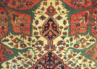 Malayer rug, 19th century.  Extraordinary colors and cental medallion.  Blue cotton wefts.  The selvedges are worn and there is a small area of wear in the central medallion.   ...