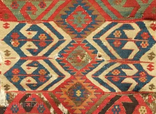 Kagizman kilim fragment. Probably first half of the 19th century.  Excellent colors, saturation and drawing. The deep apricot indicates excellent age.  Handspun cotton warps.  95 x 186 cm  