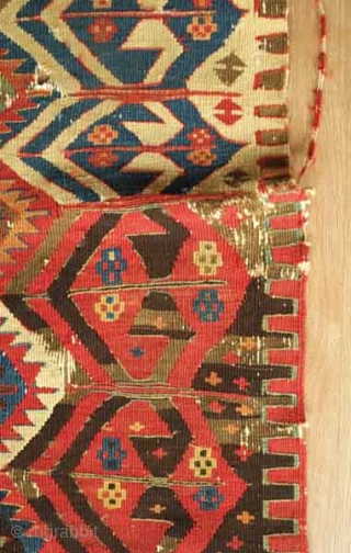 Kagizman kilim fragment. Probably first half of the 19th century.  Excellent colors, saturation and drawing. The deep apricot indicates excellent age.  Handspun cotton warps.  95 x 186 cm  