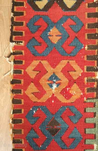 Kagizman kilim fragment. Probably first half of the 19th century.  Excellent colors, saturation and drawing. The deep apricot indicates excellent age.  Handspun cotton warps.  95 x 186 cm  