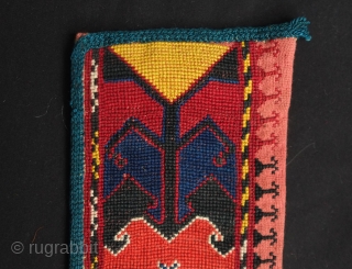 Lakai cross stitch embroidered silk belt in palmette motifs, 19th century.  Excellent colors and condition. 9 x 102 cm Contact danauger@tribalgardenrugs.com.           