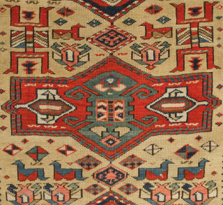 Kuba prayer rug, dated to 1884 according to the mixed Arabic and Western numbers in the inscribed date. Yellowish ground.  Kufic borders. Double headed birds and animals in the field.   ...