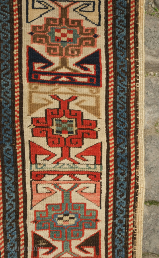 Kuba prayer rug, dated to 1884 according to the mixed Arabic and Western numbers in the inscribed date. Yellowish ground.  Kufic borders. Double headed birds and animals in the field.   ...