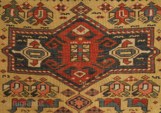Kuba prayer rug, dated to 1884 according to the mixed Arabic and Western numbers in the inscribed date. Yellowish ground.  Kufic borders. Double headed birds and animals in the field.   ...